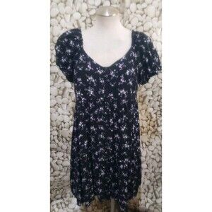 Wild Fable Dress Size Medium Floral Black Purple Puff Short Sleeve Baby Doll